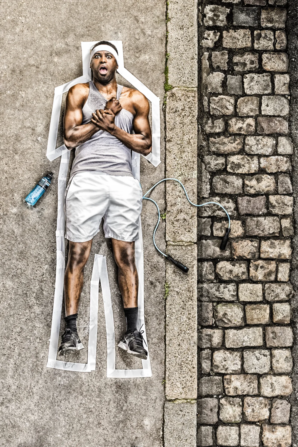 A man in sportswear lies on cobblestones inside a chalk outline