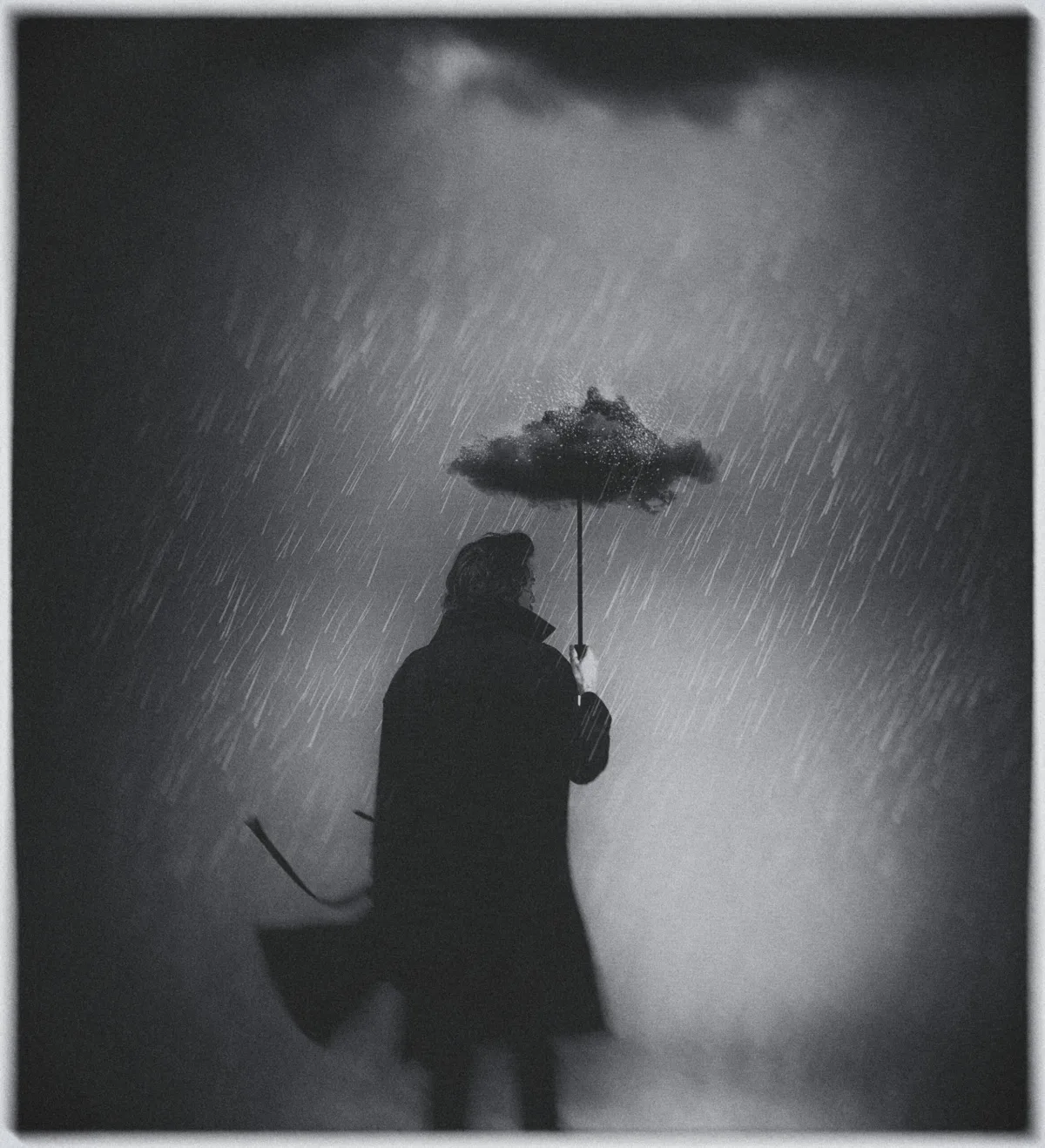A man in a coat holds an umbrella over a small raincloud in the dark