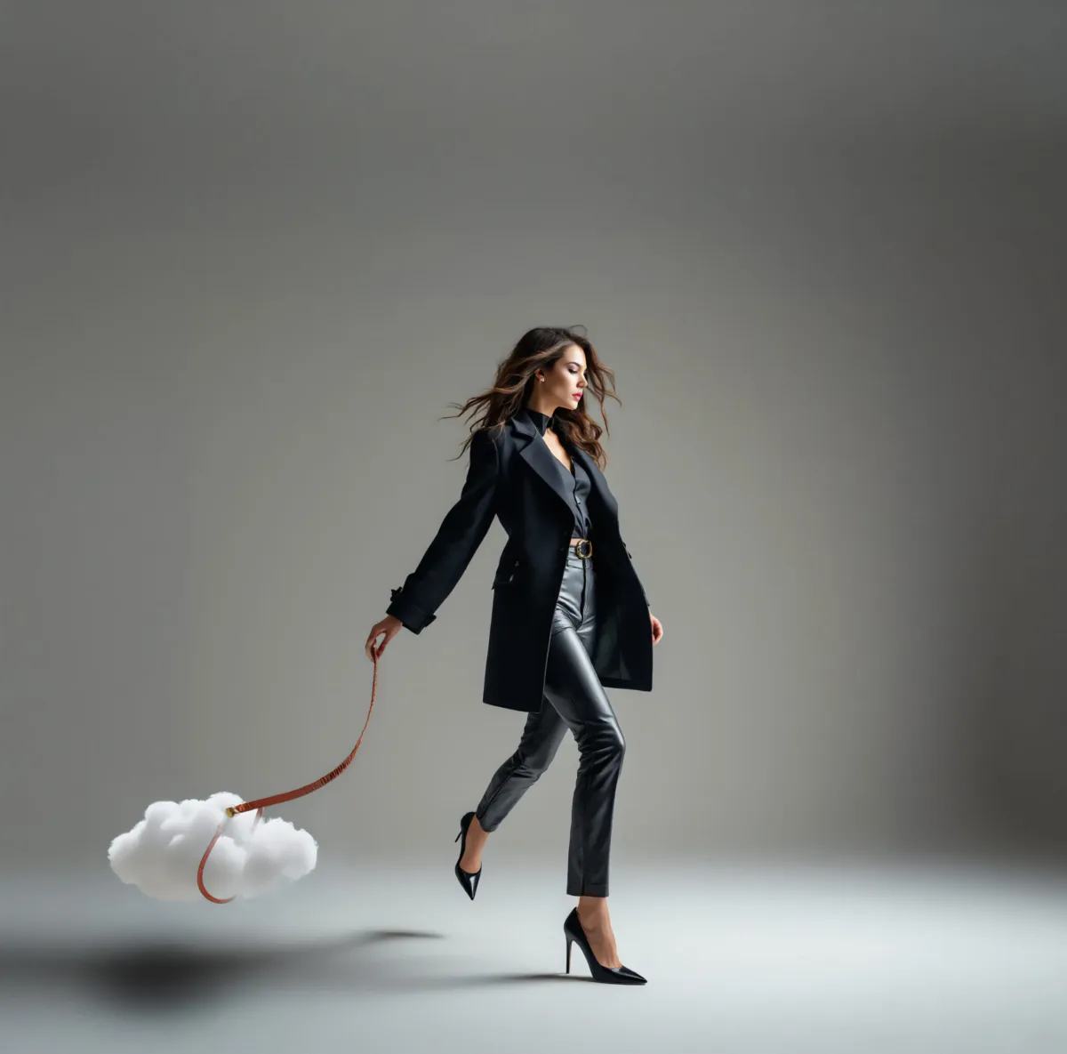 A woman in black walks a small cloud on a leash